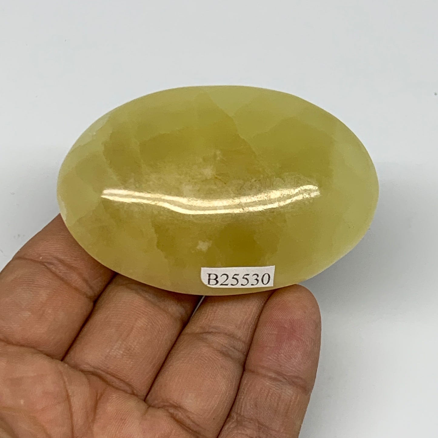 114.9g, 2.7"x1.8"x0.9", Lemon Calcite Palm-Stone Crystal Polished @Pakistan,B264