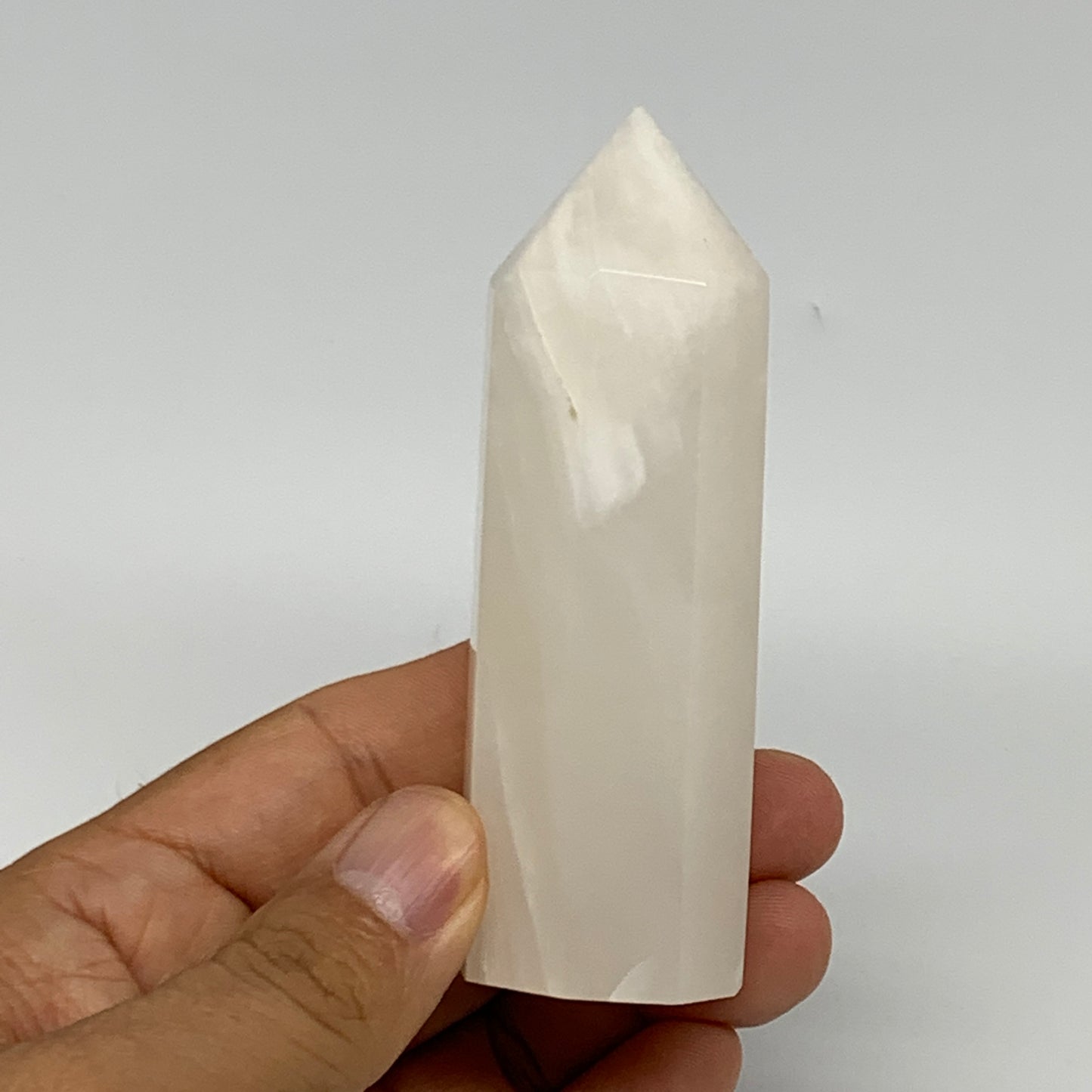 152.4g, 3.7"x1.2" Pink Calcite Point Tower Obelisk Crystal, B23249