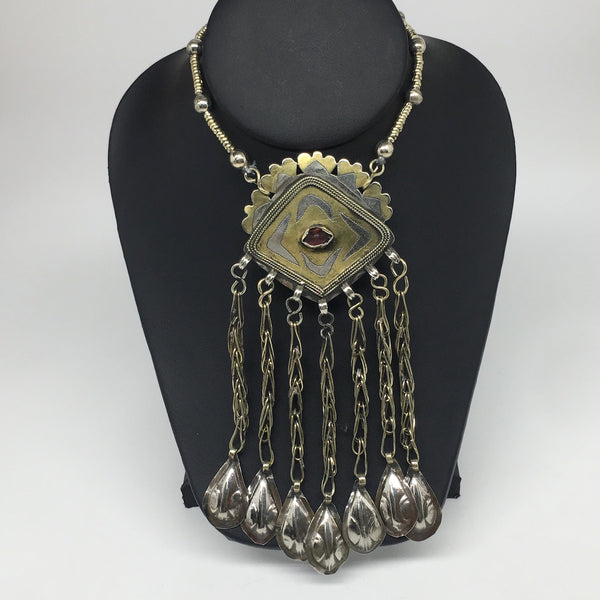 62.4g, 22" Old Turkmen Necklace Pendant Gold-Gilded Boho Statement,TN452