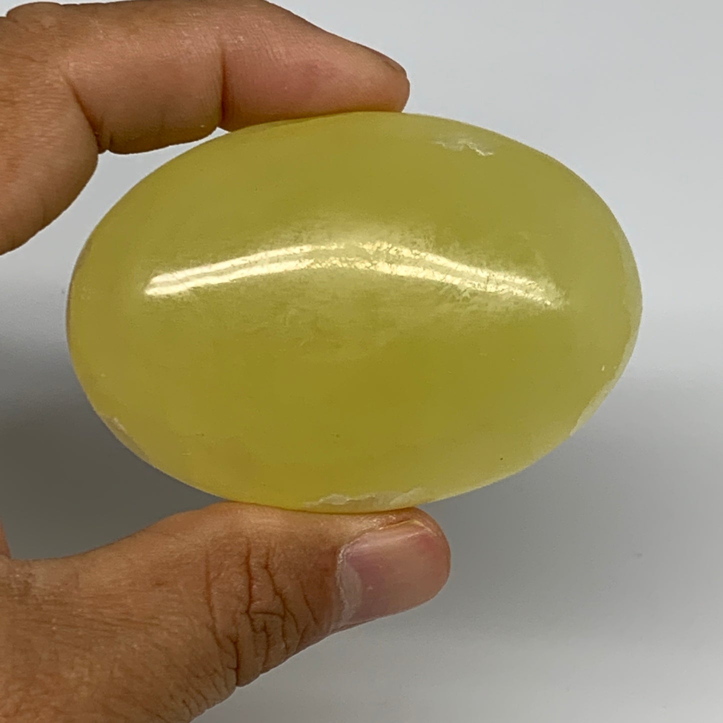 129.2g, 2.6"x1.8"x1", Lemon Calcite Palm-Stone Crystal Polished @Pakistan,B26439