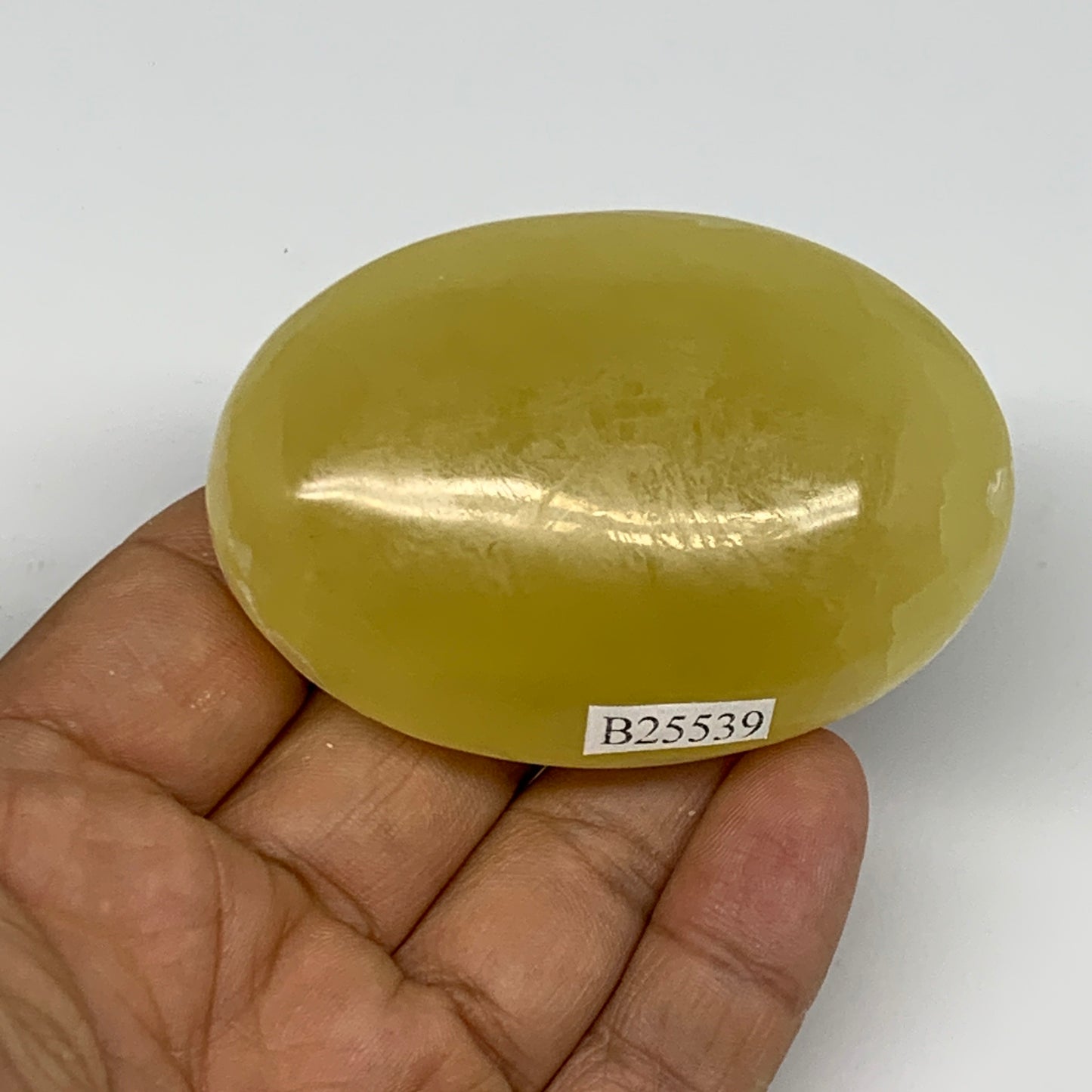 129.2g, 2.6"x1.8"x1", Lemon Calcite Palm-Stone Crystal Polished @Pakistan,B26439
