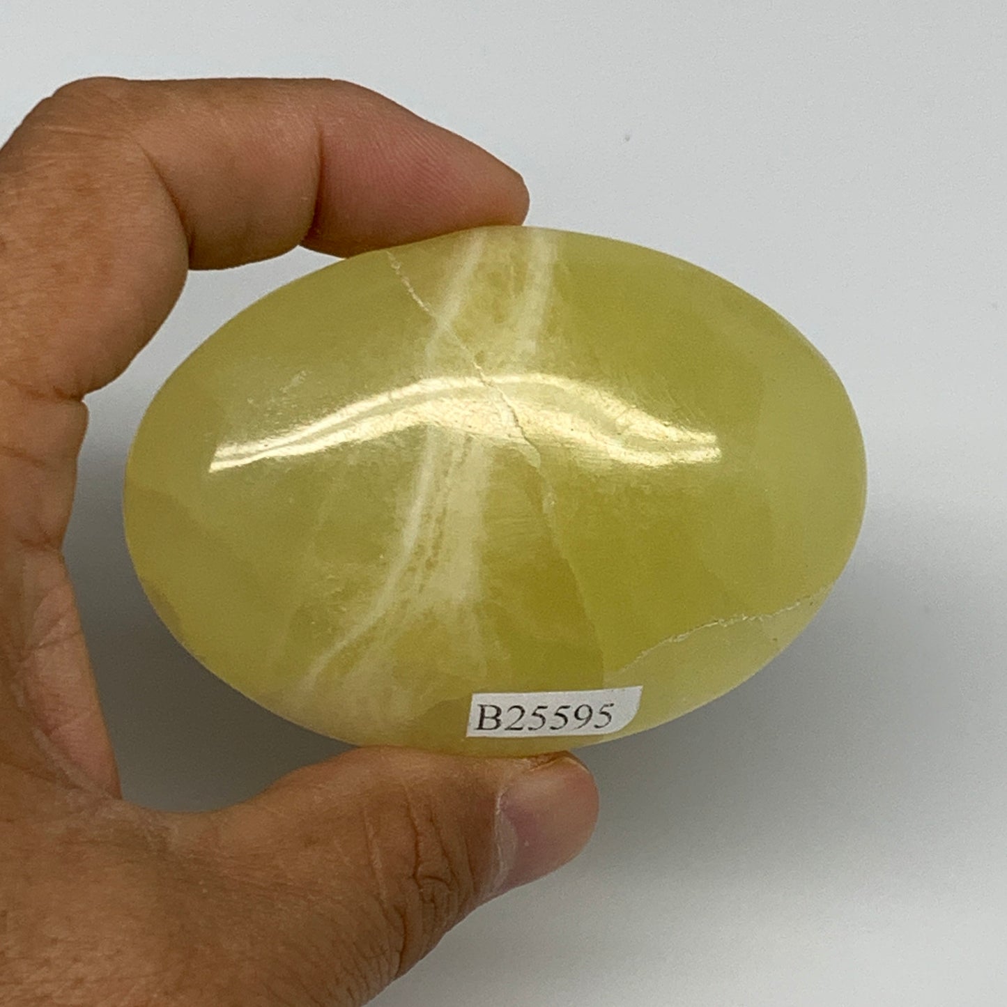 127.6g, 2.8"x2"x0.9", Lemon Calcite Palm-Stone Crystal Polished @Pakistan,B25595