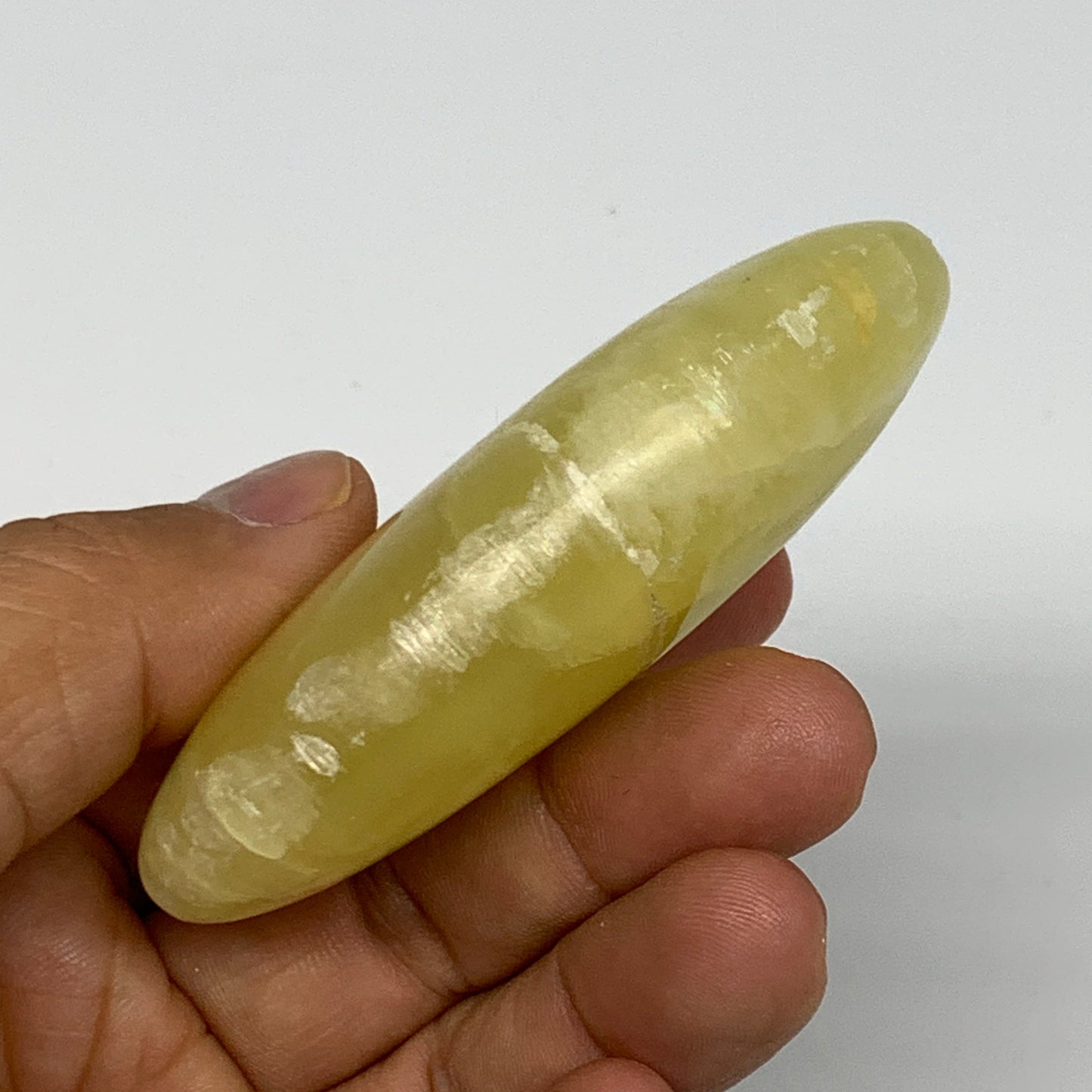 110.1g, 2.9"x1.8"x0.8", Lemon Calcite Palm-Stone Crystal Polished @Pakistan,B259