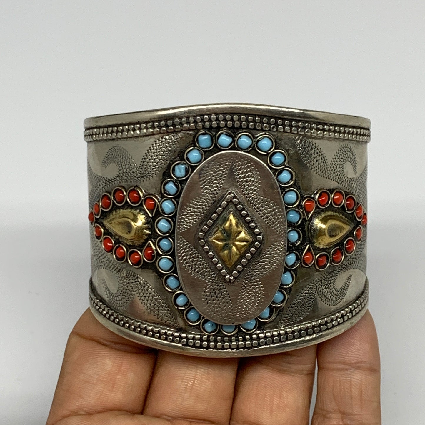 1pc, 2.2"  Vintage Reproduced Afghan Turkmen Tribal Small Round Cuff Bracelet, B