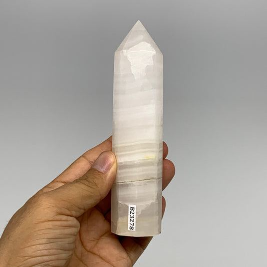 223.4g, 5.3"x1.2" Pink Calcite Point Tower Obelisk Crystal, B23278