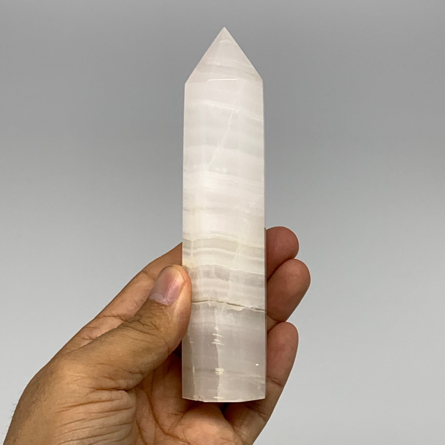 223.4g, 5.3"x1.2" Pink Calcite Point Tower Obelisk Crystal, B23278