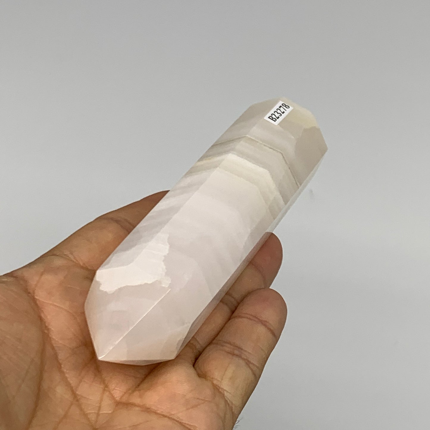 223.4g, 5.3"x1.2" Pink Calcite Point Tower Obelisk Crystal, B23278