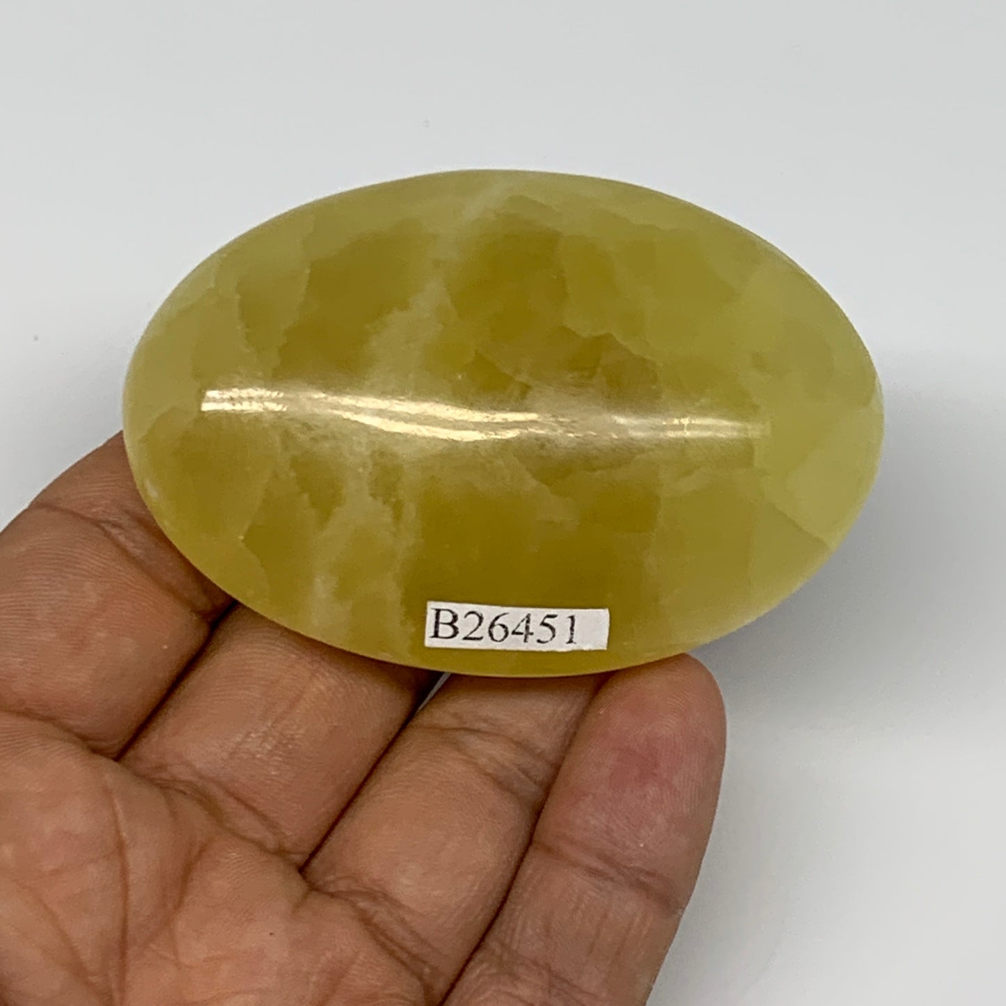 118.7g, 2.7"x1.8"x0.9", Lemon Calcite Palm-Stone Crystal Polished @Pakistan,B264