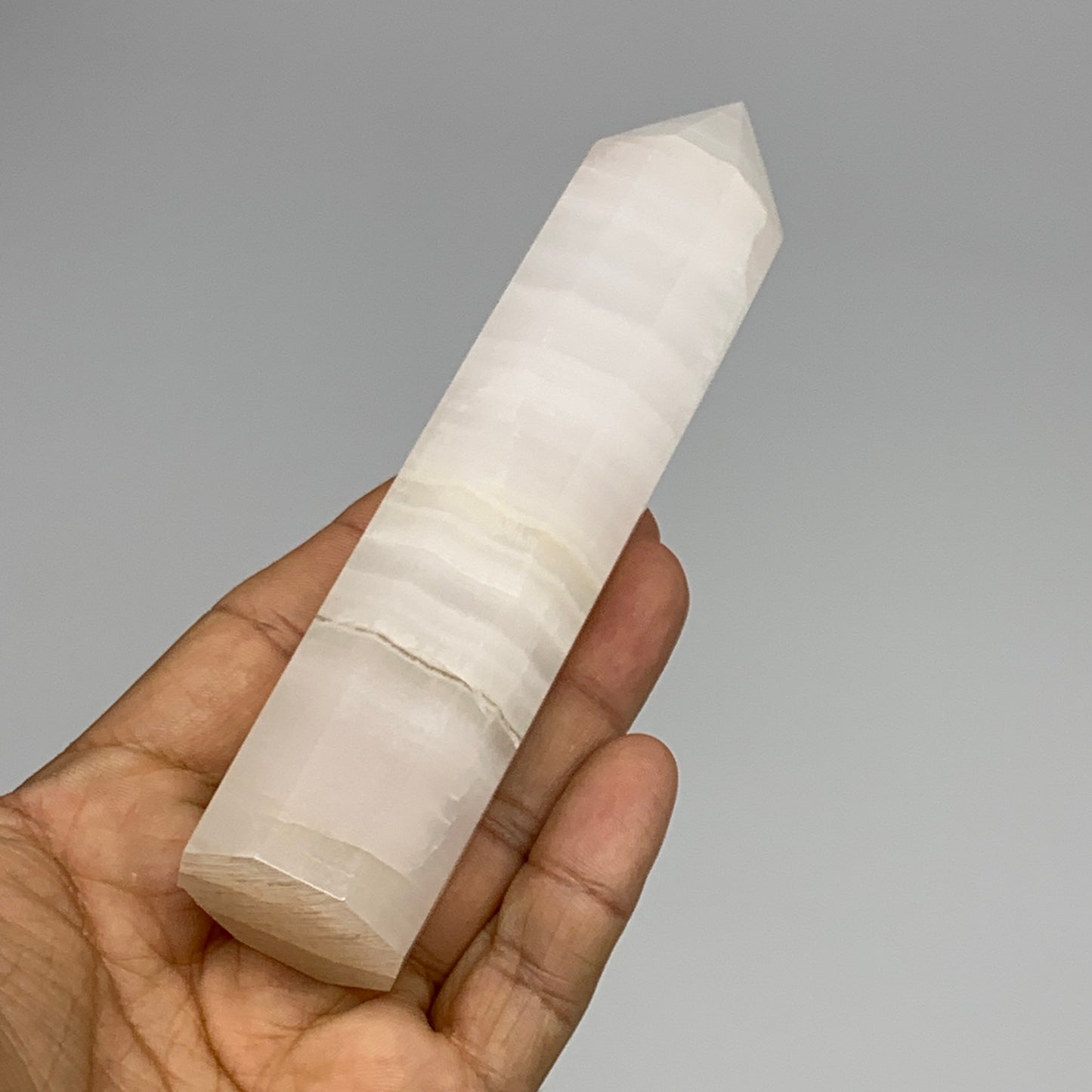 223.4g, 5.3"x1.2" Pink Calcite Point Tower Obelisk Crystal, B23278