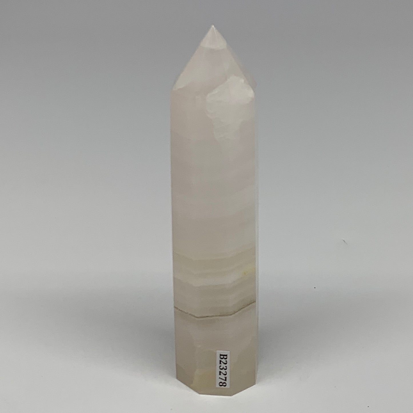 223.4g, 5.3"x1.2" Pink Calcite Point Tower Obelisk Crystal, B23278