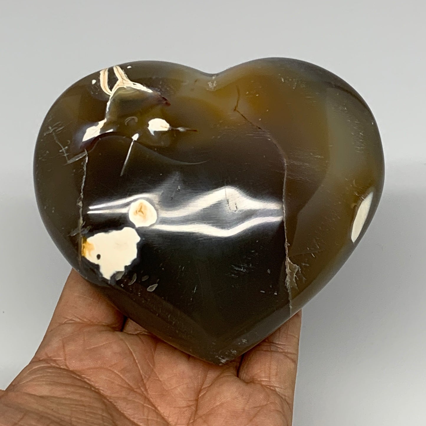 580g,3.7"x4.1"x1.7" Agate Heart Polished Healing Crystal, Orca Agate, B17667