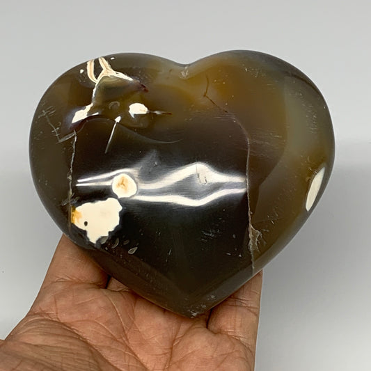 580g,3.7"x4.1"x1.7" Agate Heart Polished Healing Crystal, Orca Agate, B17667