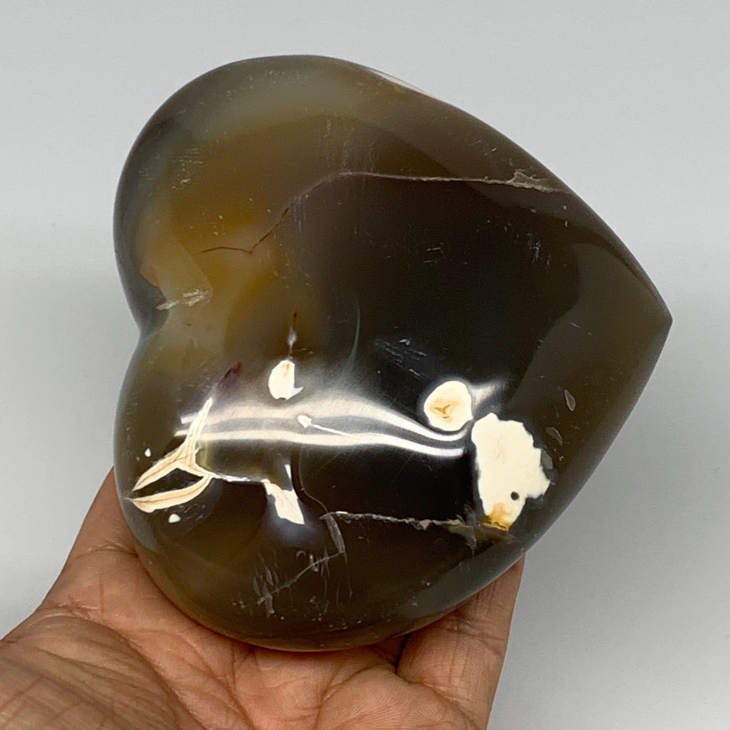 580g,3.7"x4.1"x1.7" Agate Heart Polished Healing Crystal, Orca Agate, B17667