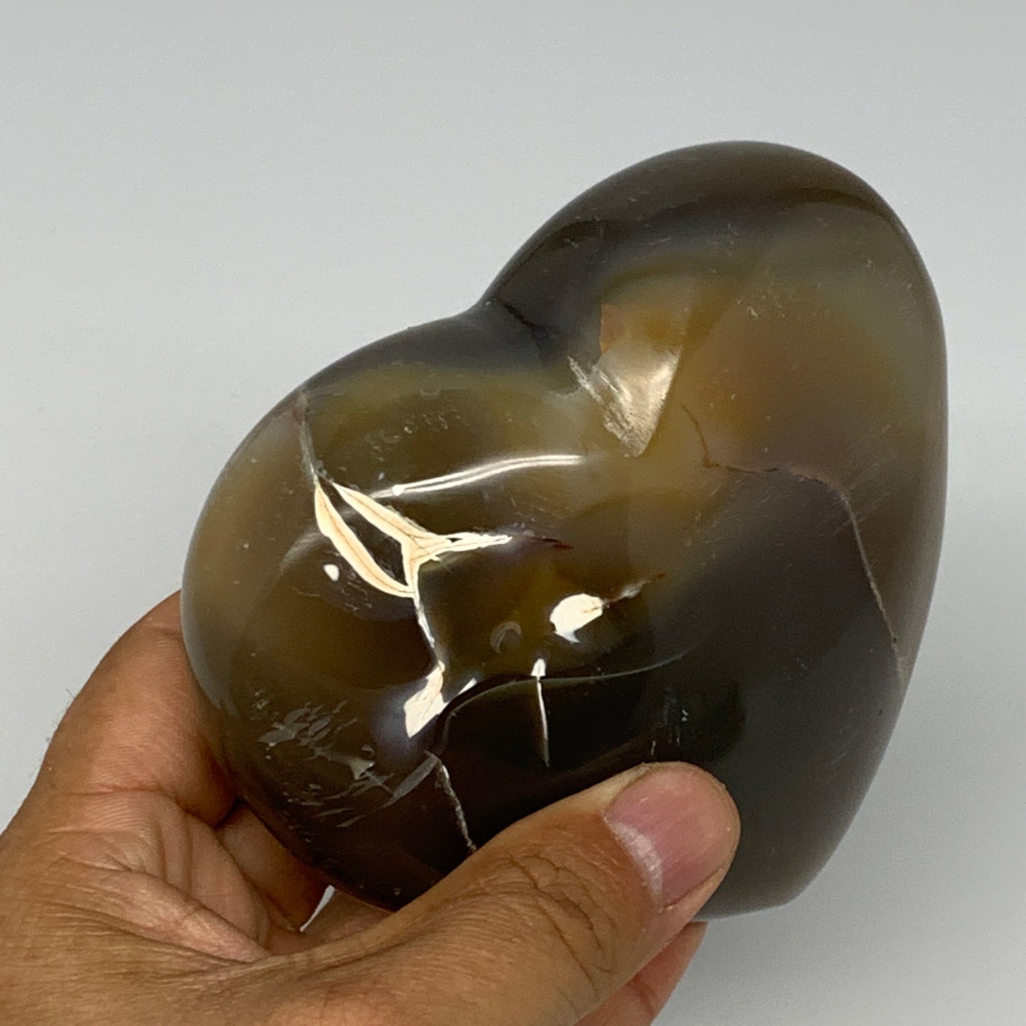 580g,3.7"x4.1"x1.7" Agate Heart Polished Healing Crystal, Orca Agate, B17667