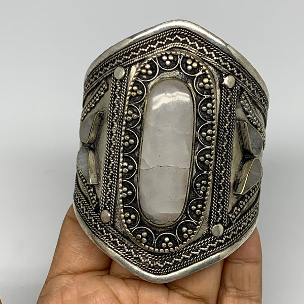 73.4g, 3.4" Turkmen Cuff Bracelet Tribal Oval Shape, White Crystal, B13549