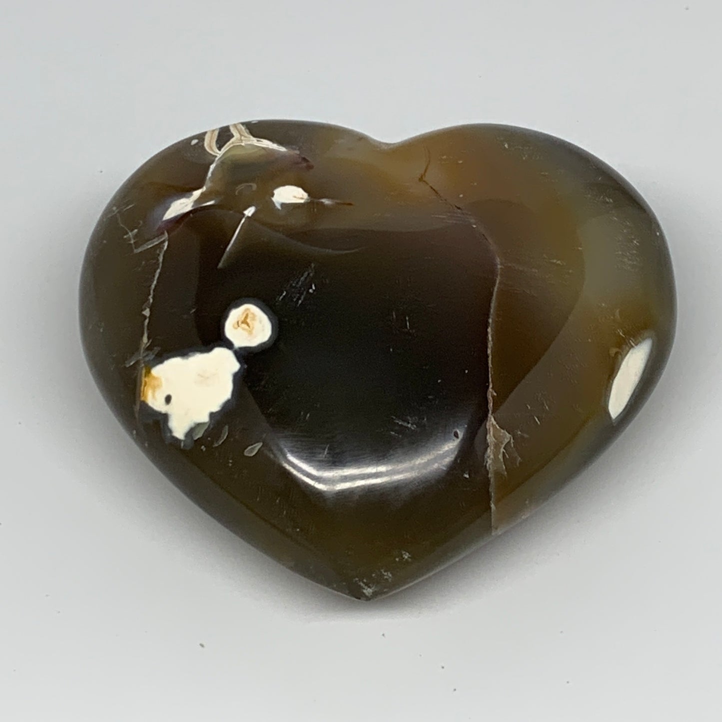 580g,3.7"x4.1"x1.7" Agate Heart Polished Healing Crystal, Orca Agate, B17667