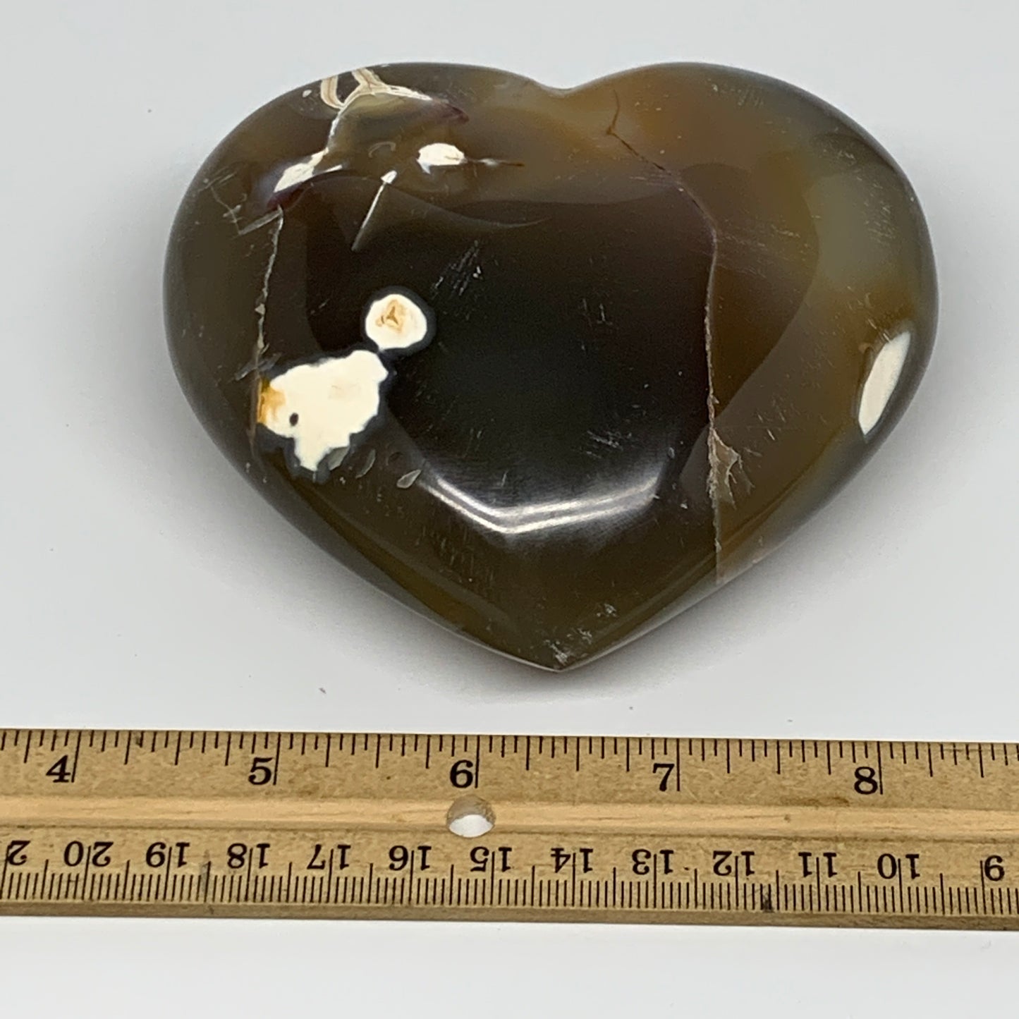 580g,3.7"x4.1"x1.7" Agate Heart Polished Healing Crystal, Orca Agate, B17667