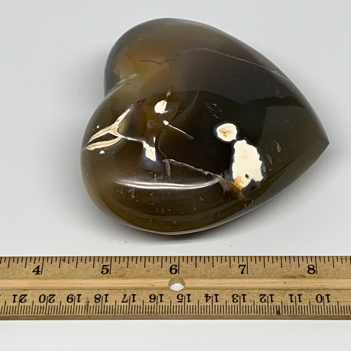 580g,3.7"x4.1"x1.7" Agate Heart Polished Healing Crystal, Orca Agate, B17667
