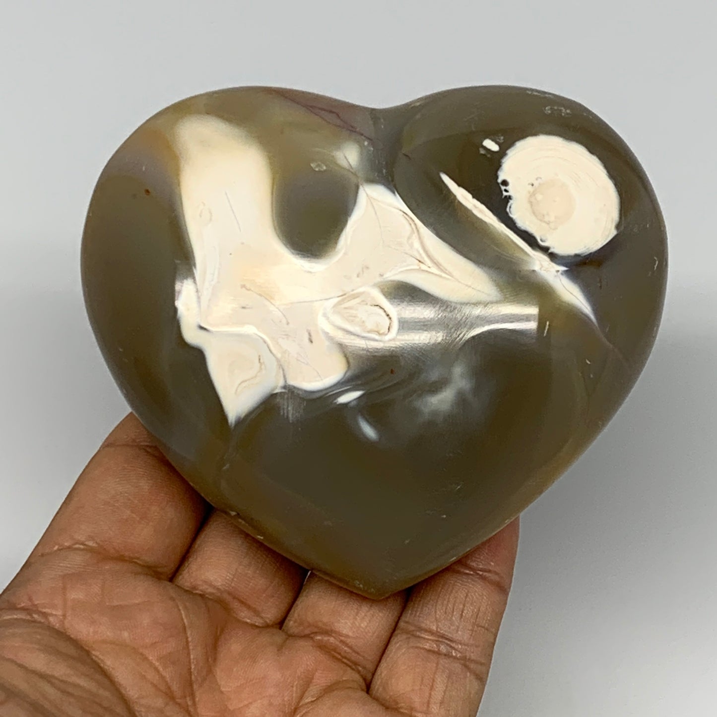 399.7g,3.4"x3.7"x1.6" Agate Heart Polished Healing Crystal, Orca Agate, B17668