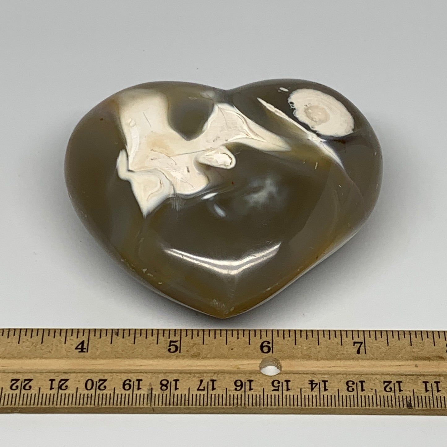 399.7g,3.4"x3.7"x1.6" Agate Heart Polished Healing Crystal, Orca Agate, B17668