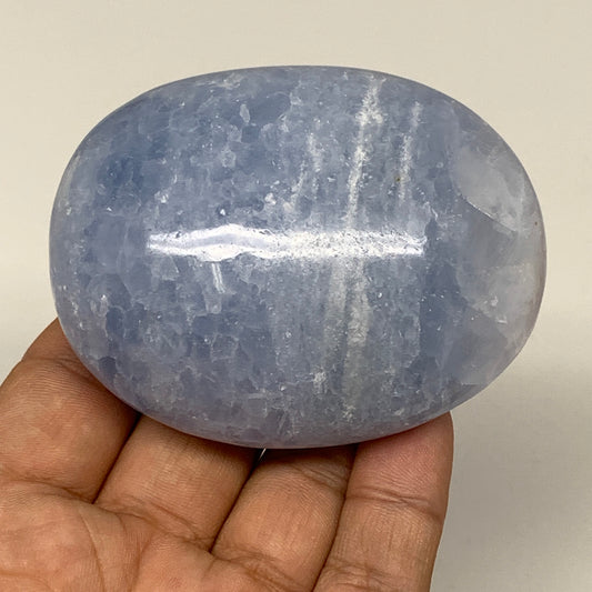 193.3g, 2.9"x2.3"x1.3" Blue Calcite Palm-Stone Tumbled Reiki @Madagascar, B5914