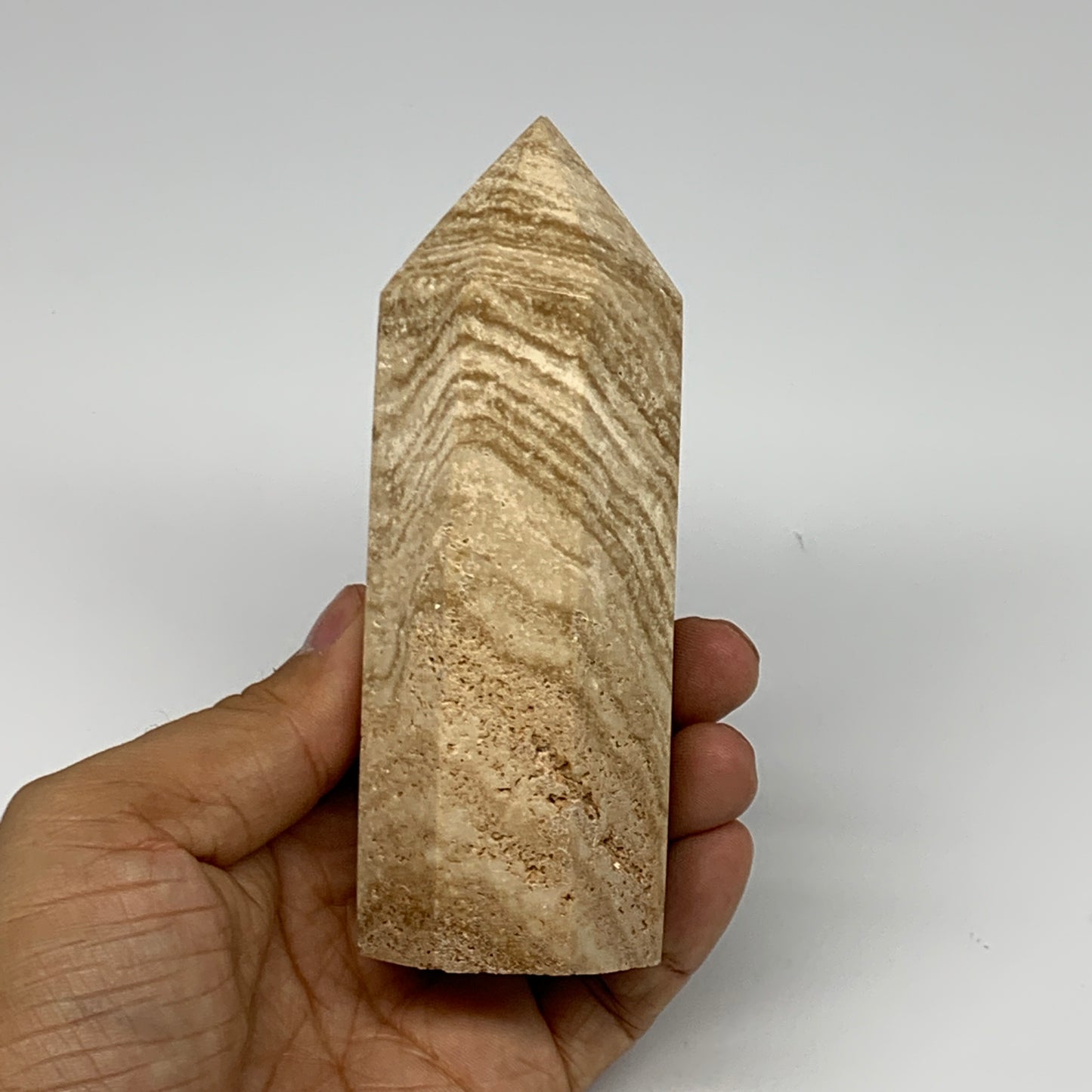 331.4g, 4.6"x1.6" Natural Chocolate Calcite Tower Point Obelisk Crystal, B23298