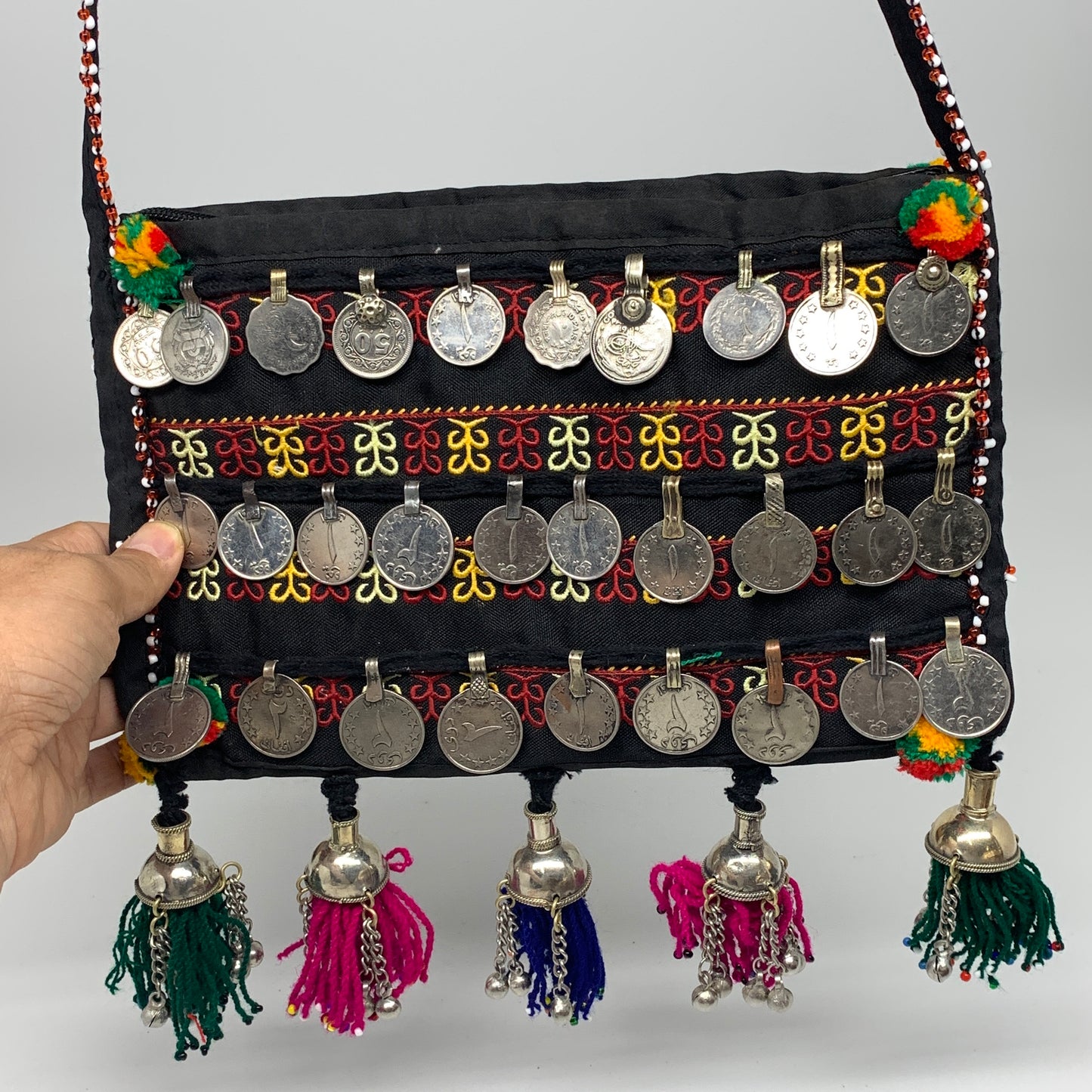 500g,10"x6.5"Turkmen Handbag Purse Crossbody Handmade Silk Coin @Afghanistan,P12