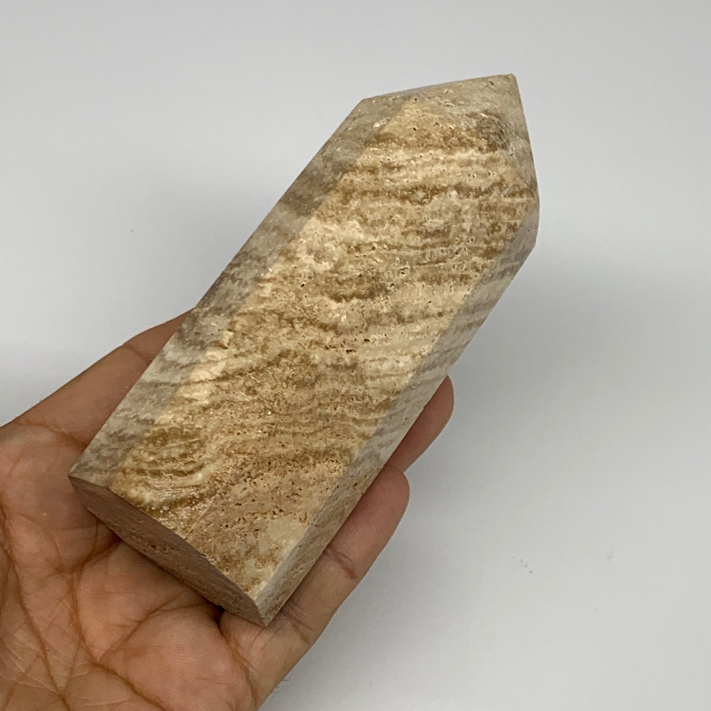 331.4g, 4.6"x1.6" Natural Chocolate Calcite Tower Point Obelisk Crystal, B23298