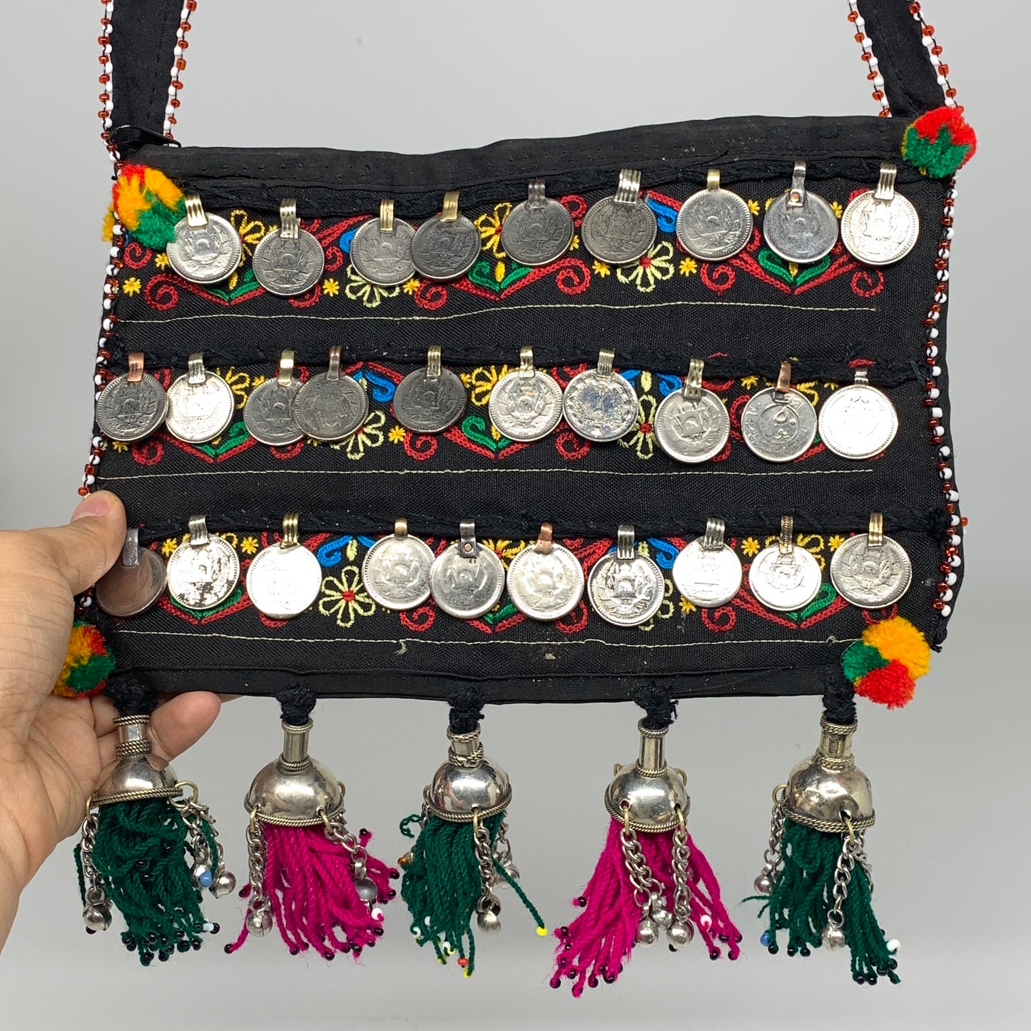 470g,9.75"x6.5"Turkmen Handbag Purse Crossbody Handmade Silk Coin @Afghanistan,P