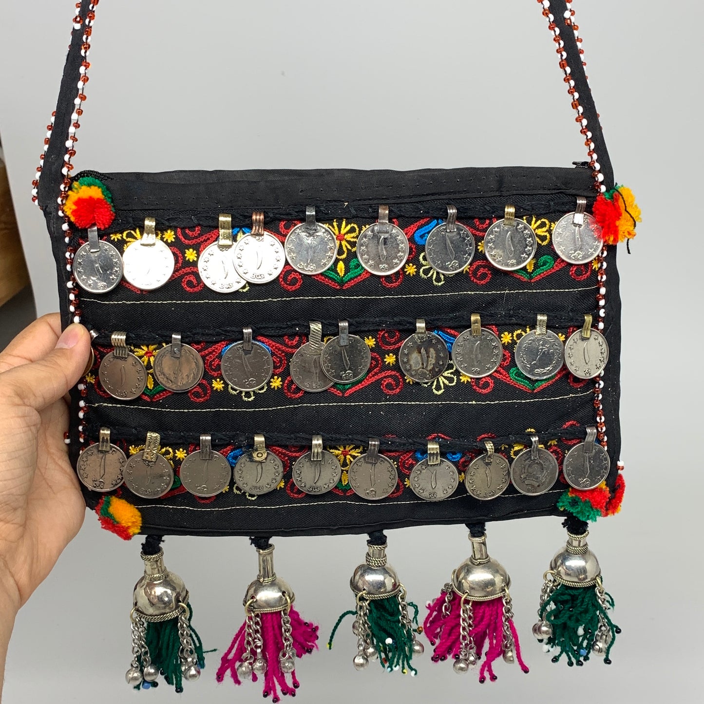 470g,9.75"x6.5"Turkmen Handbag Purse Crossbody Handmade Silk Coin @Afghanistan,P