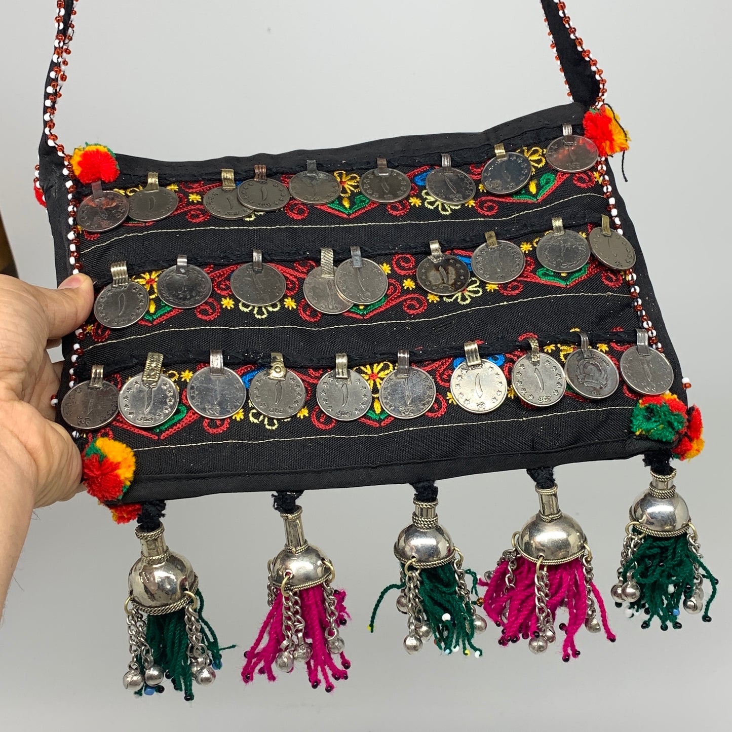 470g,9.75"x6.5"Turkmen Handbag Purse Crossbody Handmade Silk Coin @Afghanistan,P