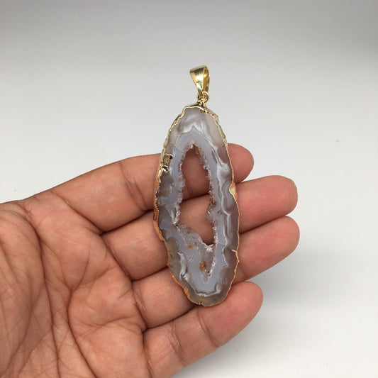 68.5cts,3.1"x1.1" Agate Druzy Slice Gold Plated X-Large Pendant @Brazil,Bp1145
