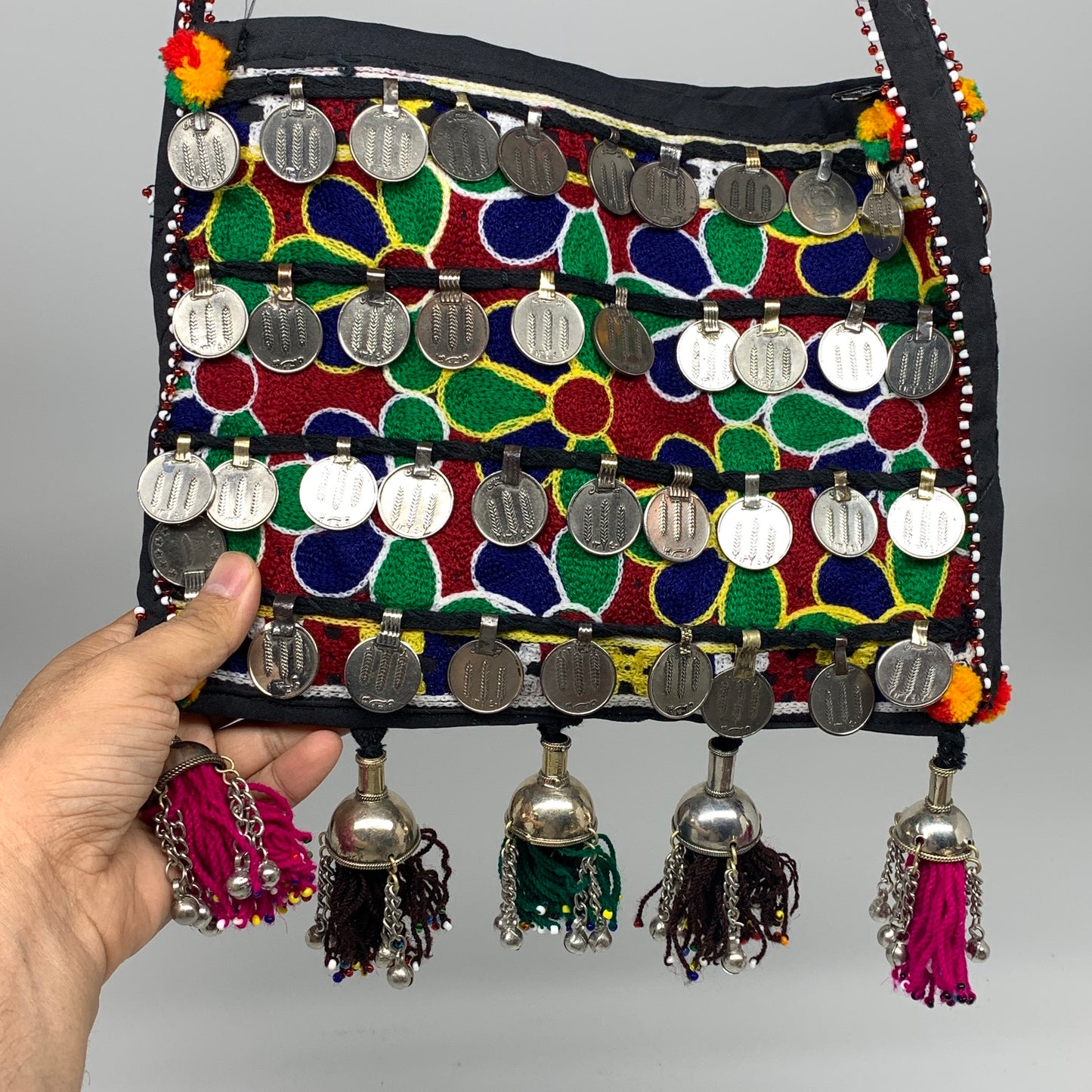 566g,10"x8"Turkmen Handbag Purse Crossbody Handmade Silk Coin @Afghanistan,P132