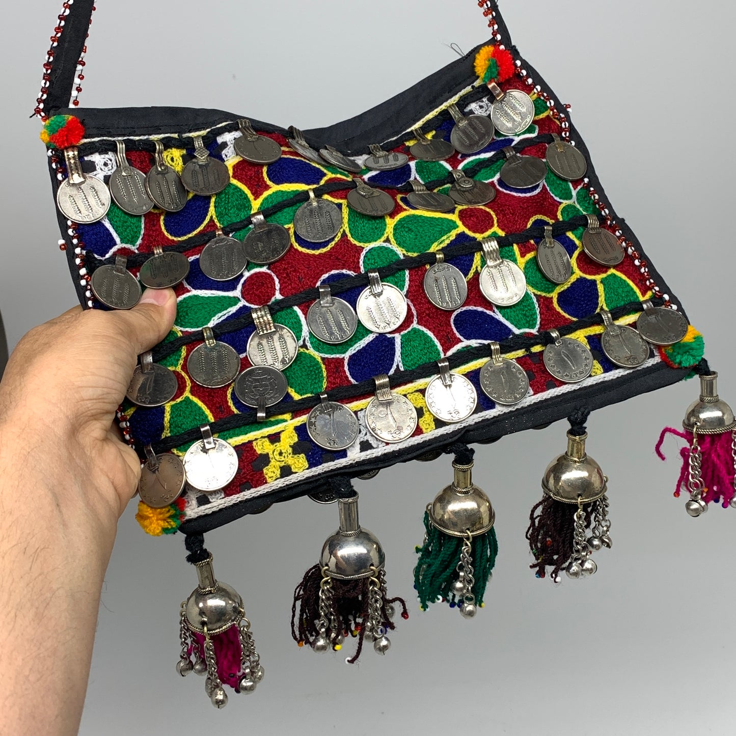 566g,10"x8"Turkmen Handbag Purse Crossbody Handmade Silk Coin @Afghanistan,P132