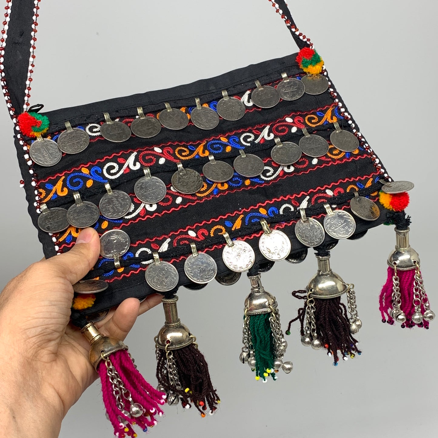 386g,9.5"x6"Turkmen Handbag Purse Crossbody Handmade Silk Coin @Afghanistan,P133