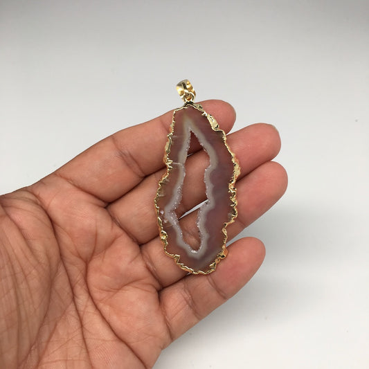 48cts,2.9"x1.2" Agate Druzy Slice Gold Plated X-Large Pendant @Brazil,Bp1147 - watangem.com