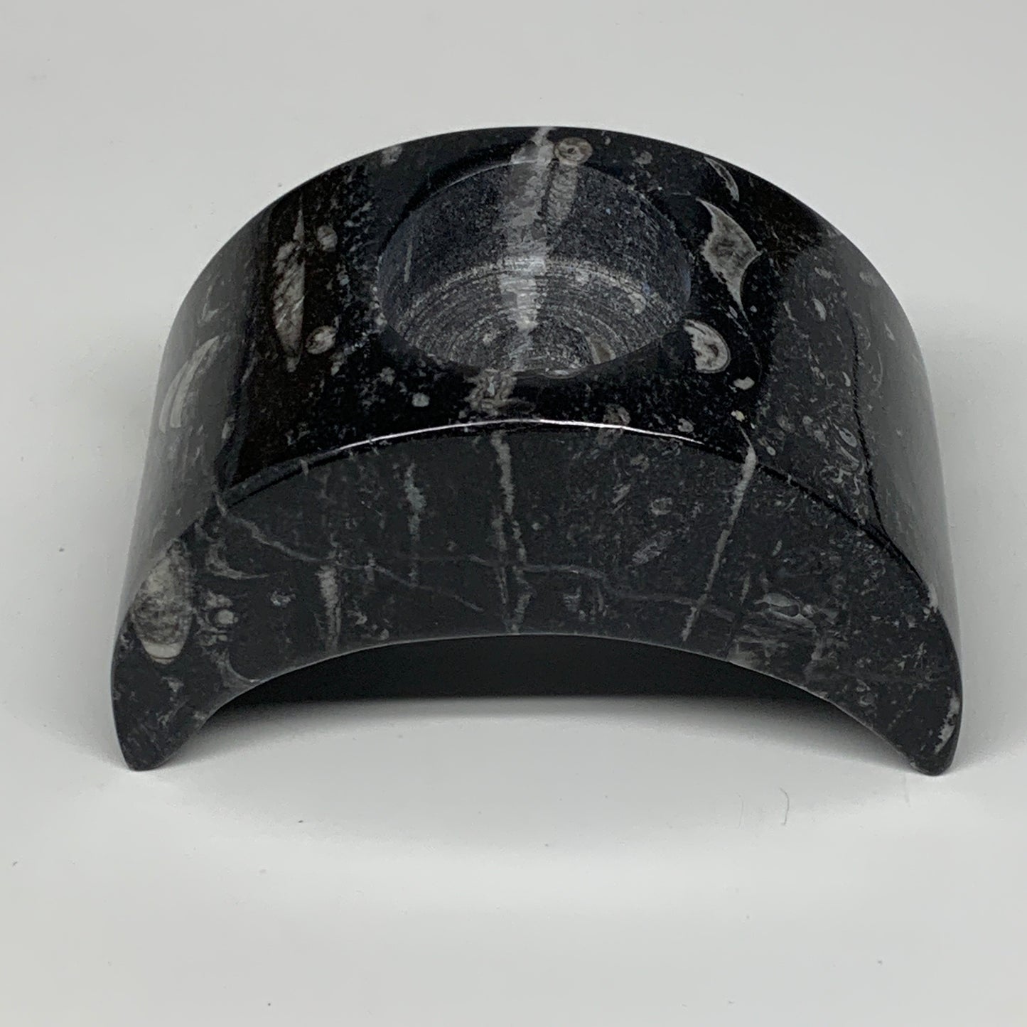 630g, 4.6" x 2.3" x 1.6" Moon Shape Fossils Orthoceras Candle Holder, B8692