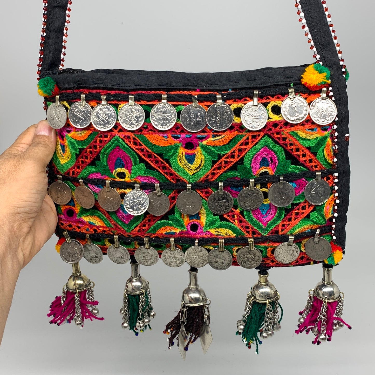 394g,10"x7"Turkmen Handbag Purse Crossbody Handmade Silk Coin @Afghanistan,P135