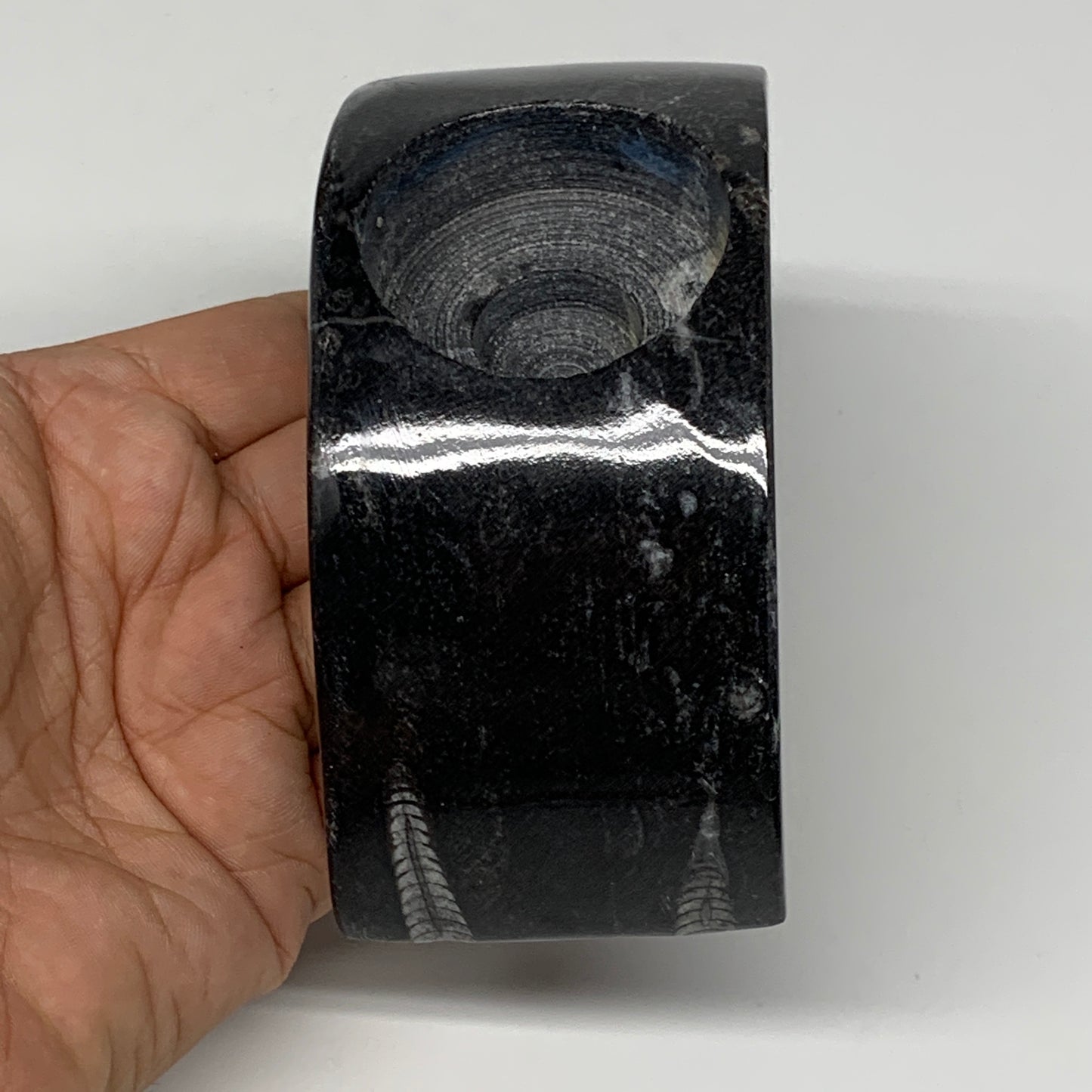 424g, 4.6" x 2" x 1.3" Moon Shape Fossils Orthoceras Candle Holder, B8694