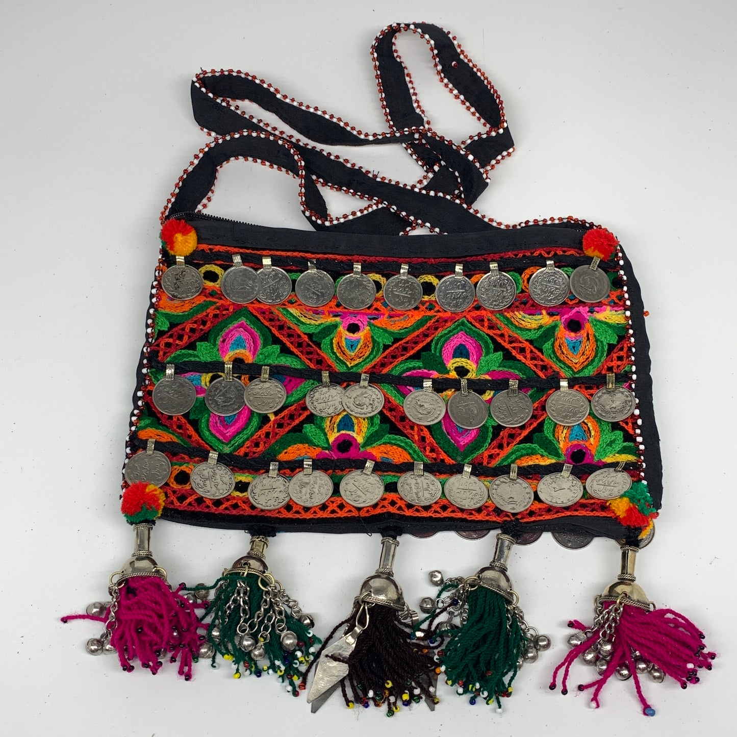 394g,10"x7"Turkmen Handbag Purse Crossbody Handmade Silk Coin @Afghanistan,P135