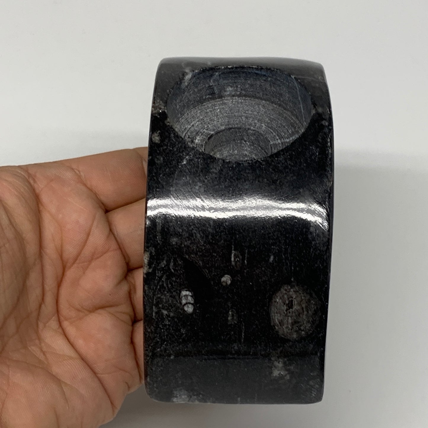 424g, 4.6" x 2" x 1.3" Moon Shape Fossils Orthoceras Candle Holder, B8694