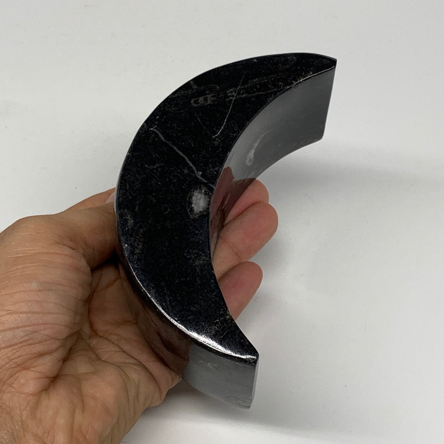 424g, 4.6" x 2" x 1.3" Moon Shape Fossils Orthoceras Candle Holder, B8694