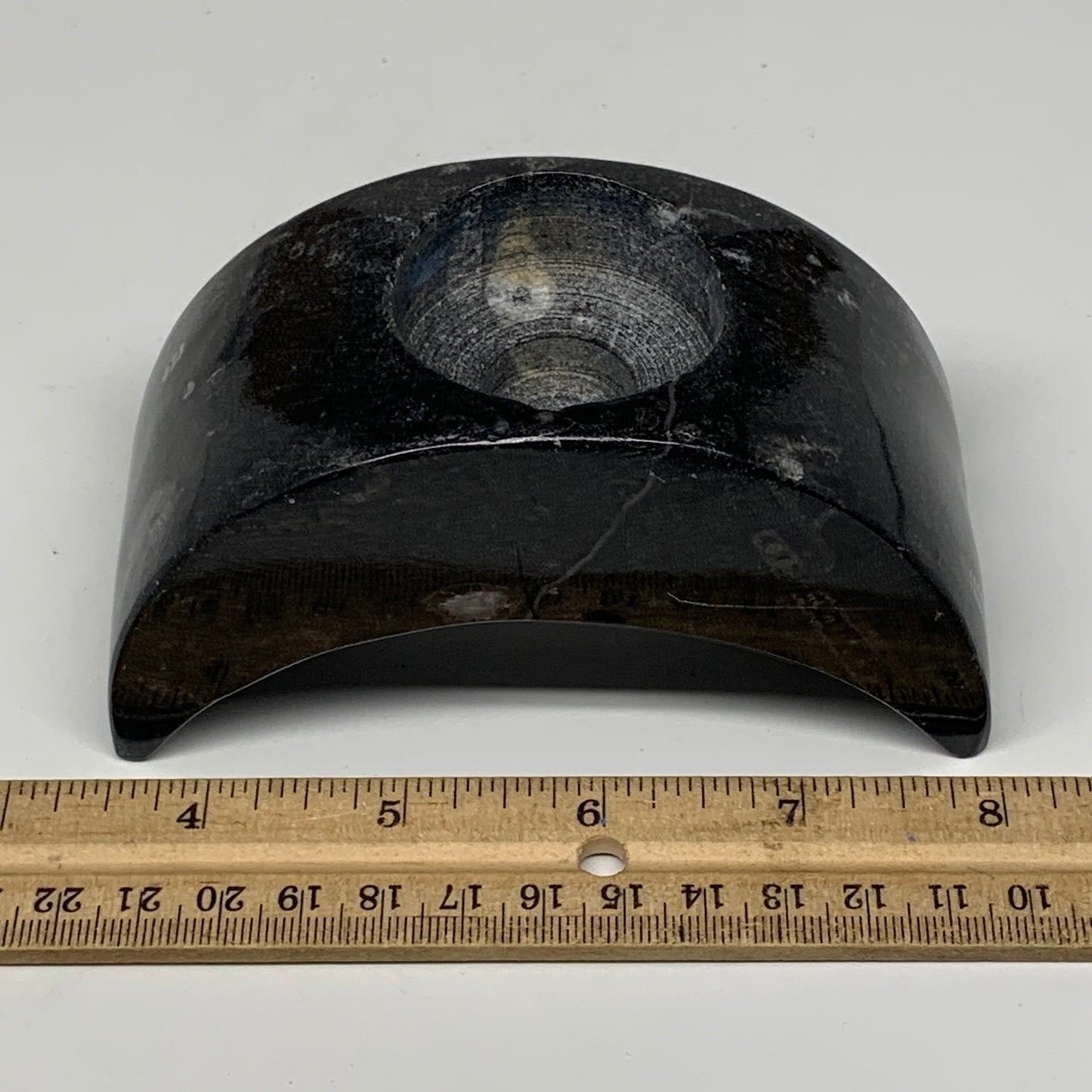 424g, 4.6" x 2" x 1.3" Moon Shape Fossils Orthoceras Candle Holder, B8694