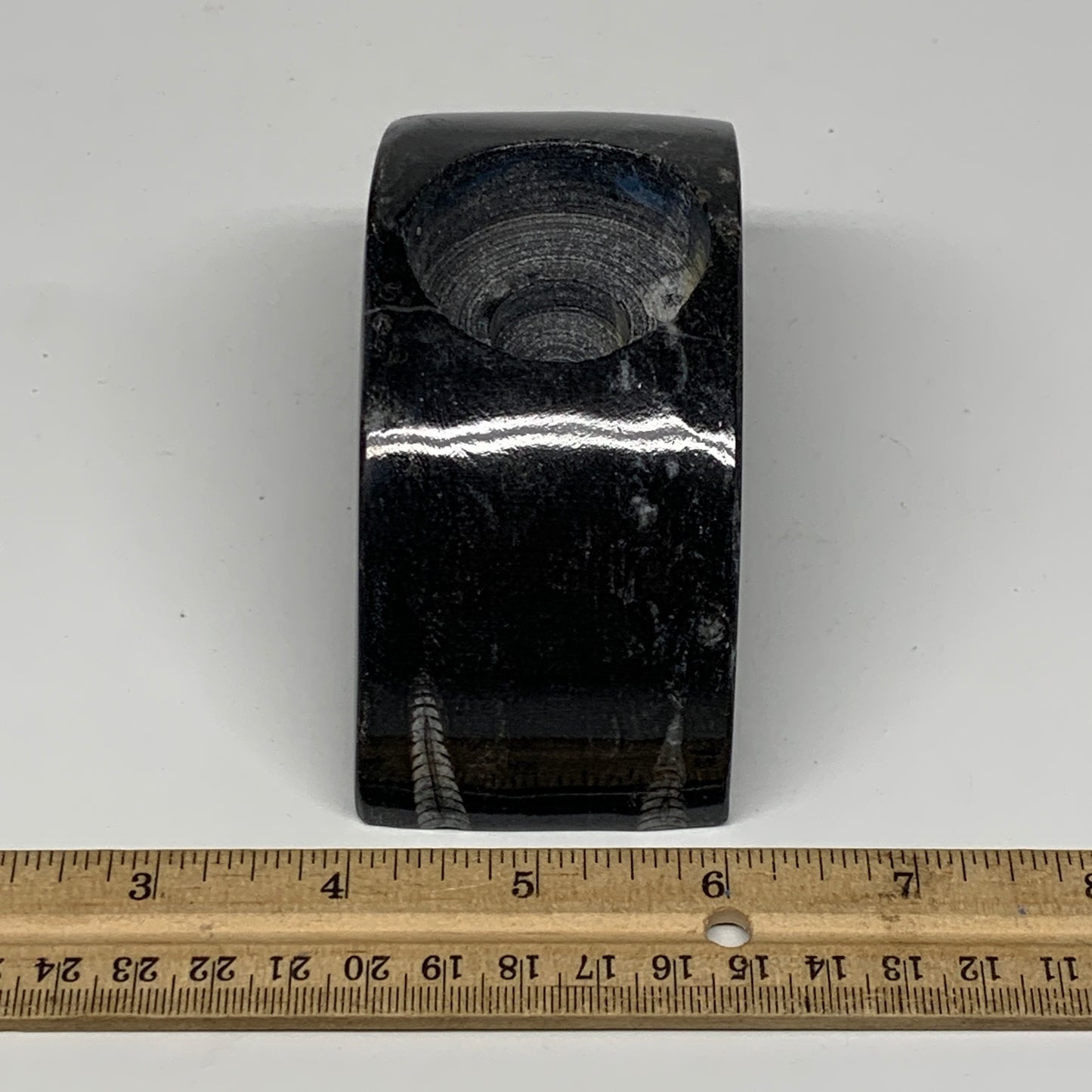 424g, 4.6" x 2" x 1.3" Moon Shape Fossils Orthoceras Candle Holder, B8694