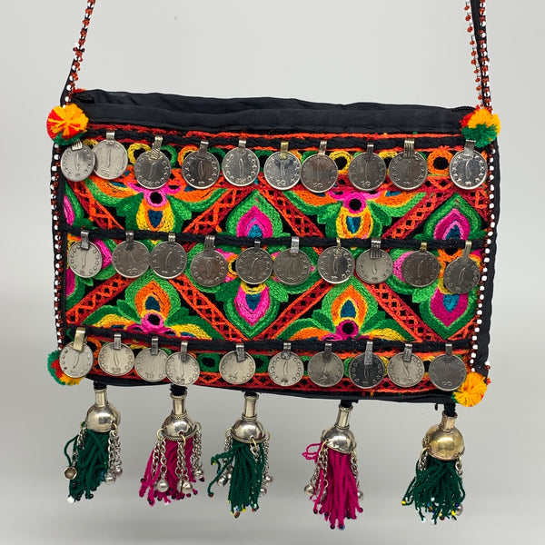 468g,10.5"x7"Turkmen Handbag Purse Crossbody Handmade Silk Coin @Afghanistan,P13