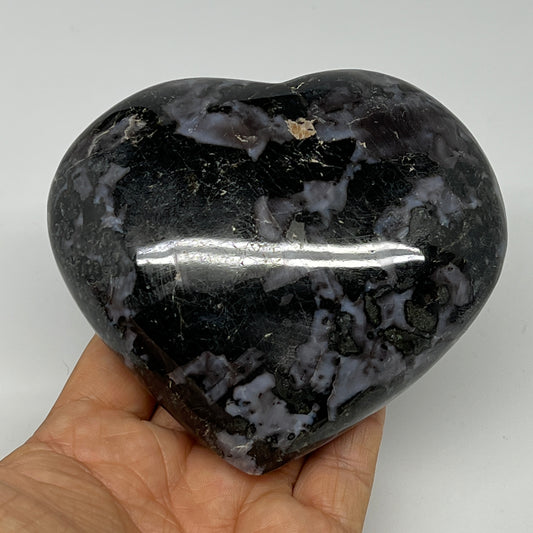 575g,3.7"x4.1"x1.5" Indigo Gabro Merlinite Heart Gemstone @Madagascar,B19894