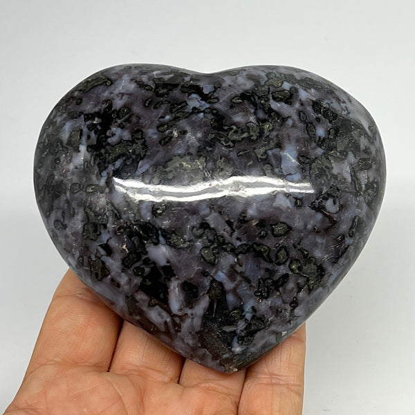 430.4g,3.3"x3.7"x1.5" Indigo Gabro Merlinite Heart Gemstone @Madagascar,B19895
