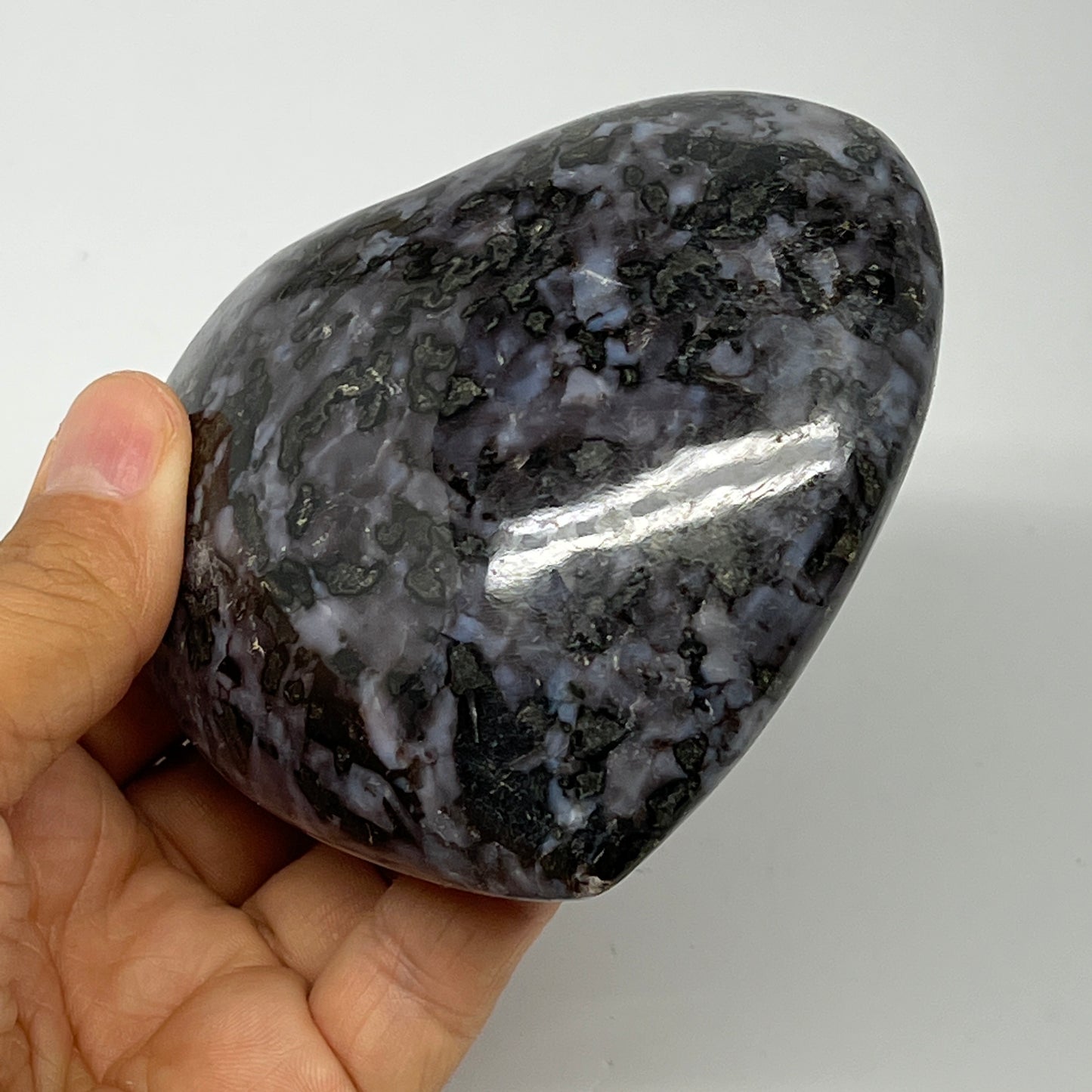 430.4g,3.3"x3.7"x1.5" Indigo Gabro Merlinite Heart Gemstone @Madagascar,B19895