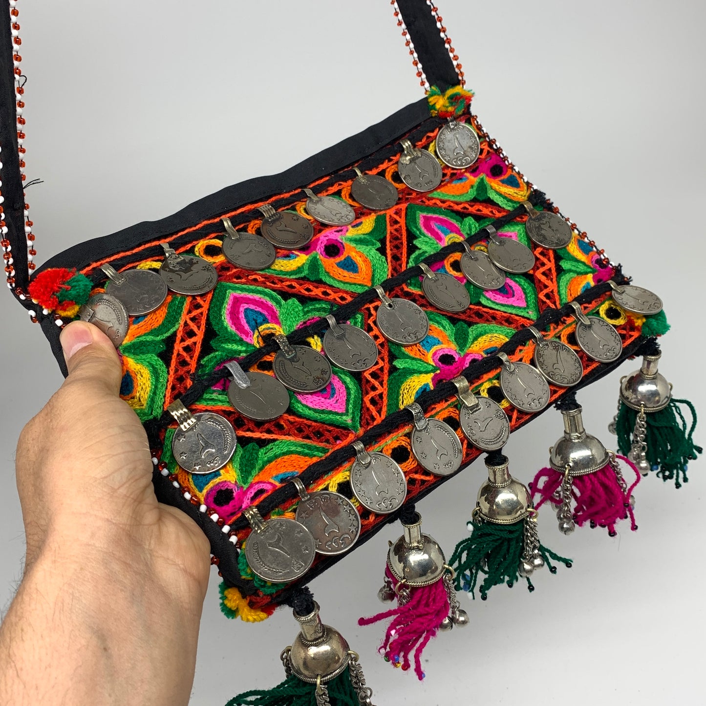 512g,10"x7"Turkmen Handbag Purse Crossbody Handmade Silk Coin @Afghanistan,P146