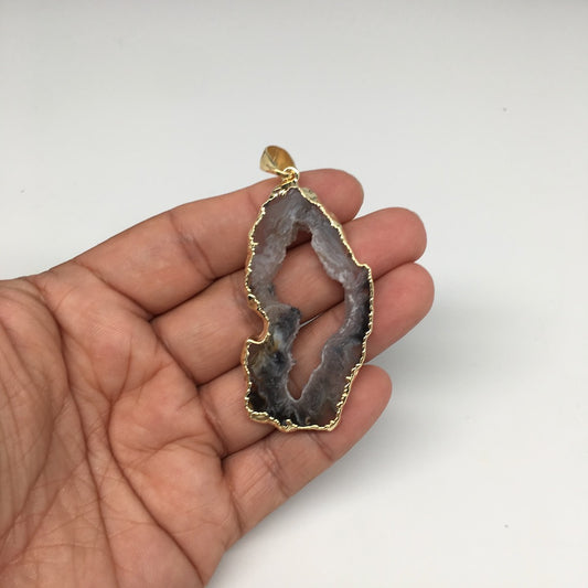 48cts,2.7"x1.2" Agate Druzy Slice Gold Plated X-Large Pendant @Brazil,Bp1162 - watangem.com